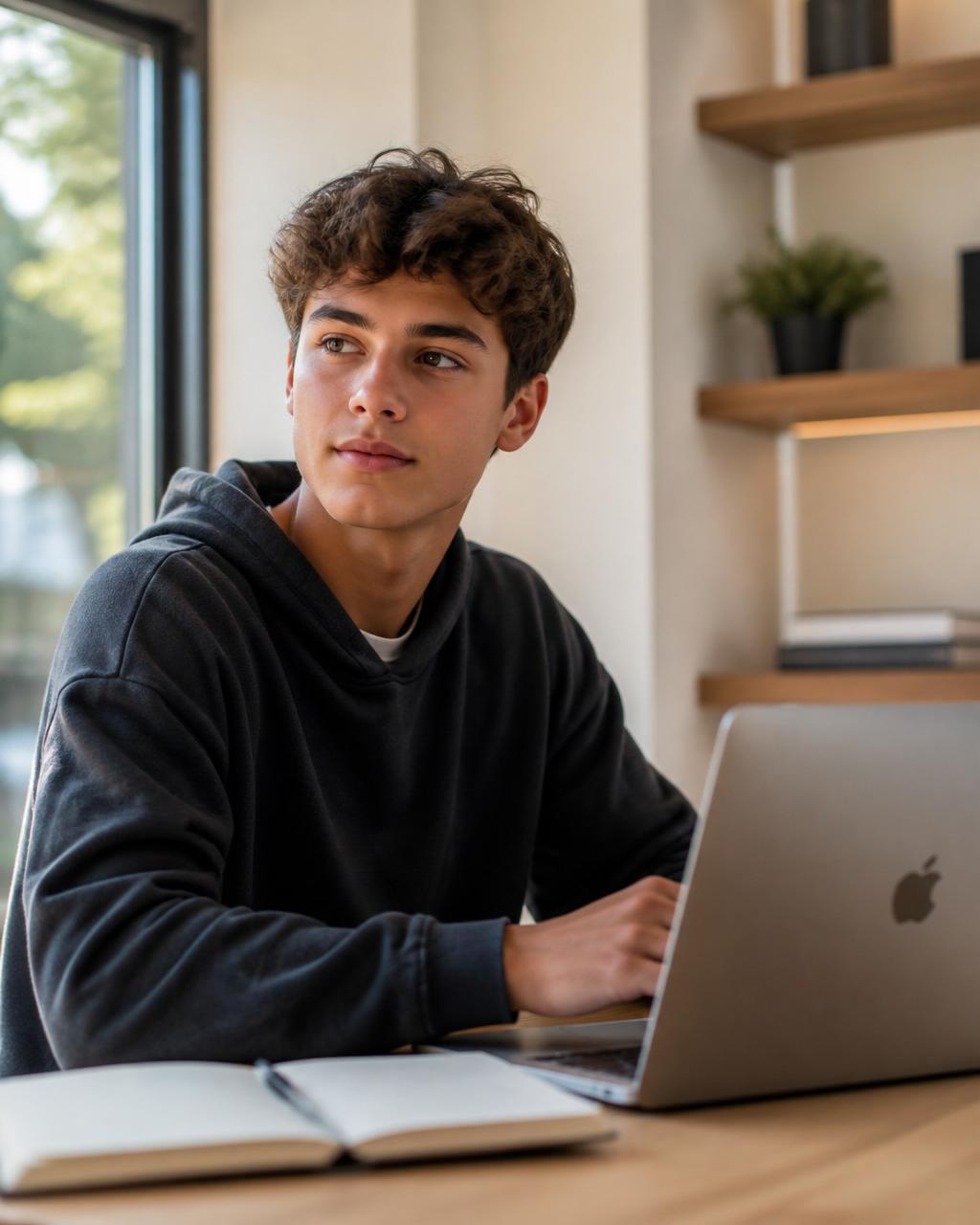 A confident young student at a minimalist desk by a sunlit window, laptop open and notebook nearby, gazing thoughtfully off-camera.
